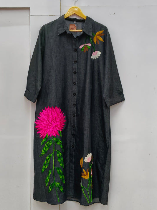 Flower Embroidery Denim Dress (4xl)